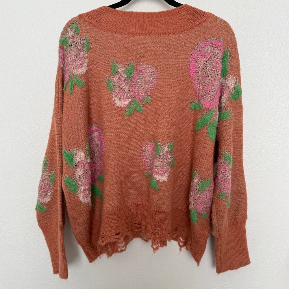 Anthropologie Drop Shoulder Floral Rose V-Neck Sweater - Picture 6 of 14